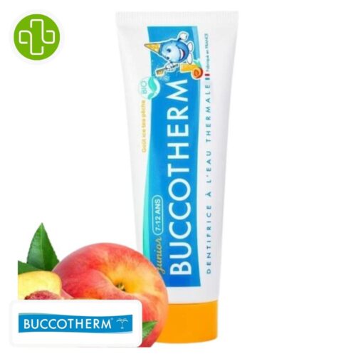 Produit de la marque Buccotherm Dentifrice Junior 7-12ans Pêche - 50ml sur un fond blanc avec un logo Parachezvous et celui de de la marque Buccotherm