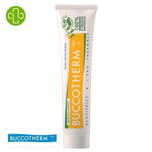 Produit de la marque Buccotherm Dentifrice Protection Complète au Citron Eucalyptus - 75ml sur un fond blanc avec un logo Parachezvous et celui de de la marque Buccotherm