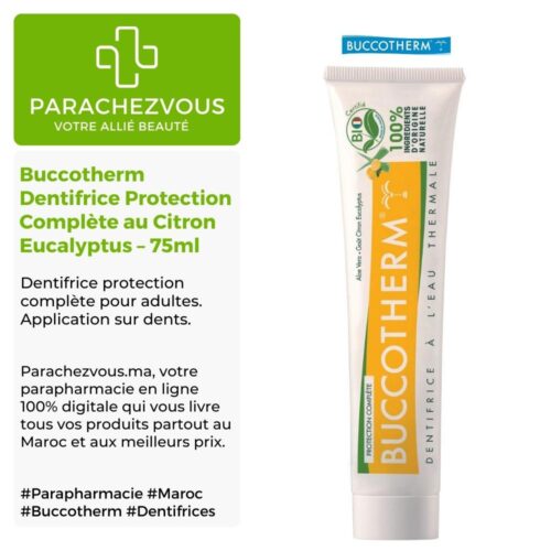Produit de la marque Buccotherm Dentifrice Protection Complète au Citron Eucalyptus - 75ml sur un fond blanc, vert et gris avec un logo Parachezvous et celui de la marque Buccotherm ainsi qu'une description qui détail les informations du produit