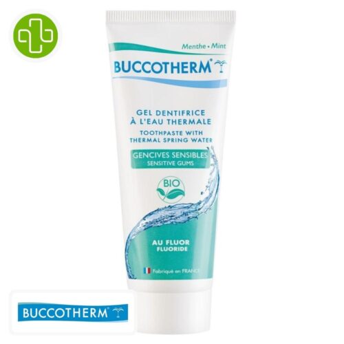 Produit de la marque Buccotherm Gel Dentifrice Gencives Sensibles avec Fluor - 75ml sur un fond blanc avec un logo Parachezvous et celui de de la marque Buccotherm