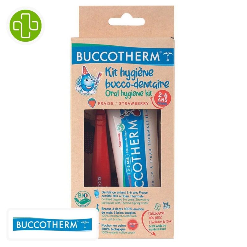 Produit de la marque buccotherm kit-enfant 2-6ans goût fraise - 50ml sur un fond blanc avec un logo parachezvous et celui de de la marque buccotherm