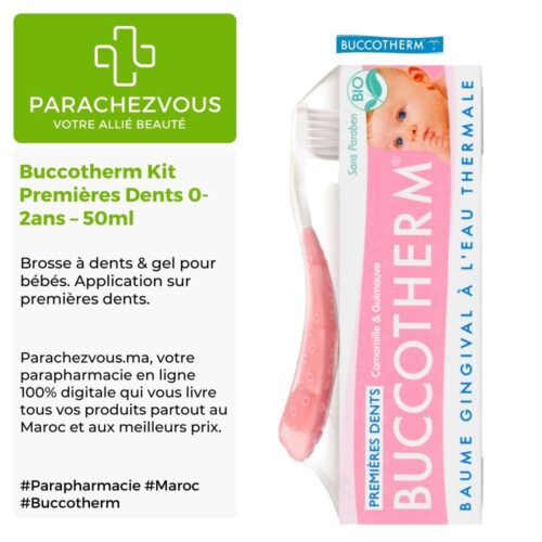 Produit de la marque Buccotherm Kit Premières Dents 0-2ans - 50ml sur un fond blanc, vert et gris avec un logo Parachezvous et celui de la marque Buccotherm ainsi qu'une description qui détail les informations du produit