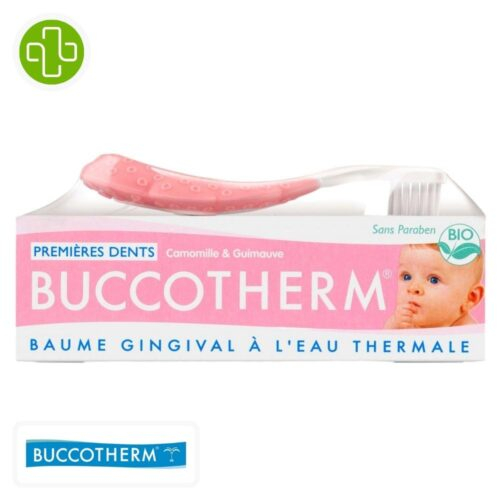 Produit de la marque Buccotherm Kit Premières Dents 0-2ans - 50ml sur un fond blanc avec un logo Parachezvous et celui de de la marque Buccotherm
