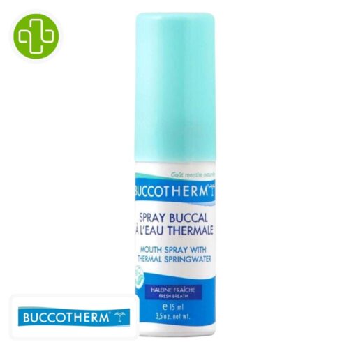 Produit de la marque Buccotherm Spray Buccal - 15ml sur un fond blanc avec un logo Parachezvous et celui de de la marque Buccotherm