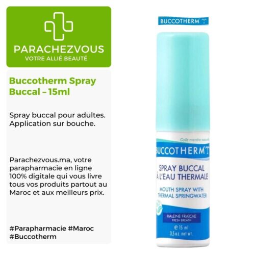 Produit de la marque Buccotherm Spray Buccal - 15ml sur un fond blanc, vert et gris avec un logo Parachezvous et celui de la marque Buccotherm ainsi qu'une description qui détail les informations du produit