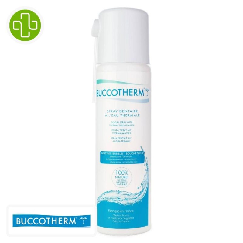 Produit de la marque buccotherm spray dentaire - 200ml sur un fond blanc avec un logo parachezvous et celui de de la marque buccotherm