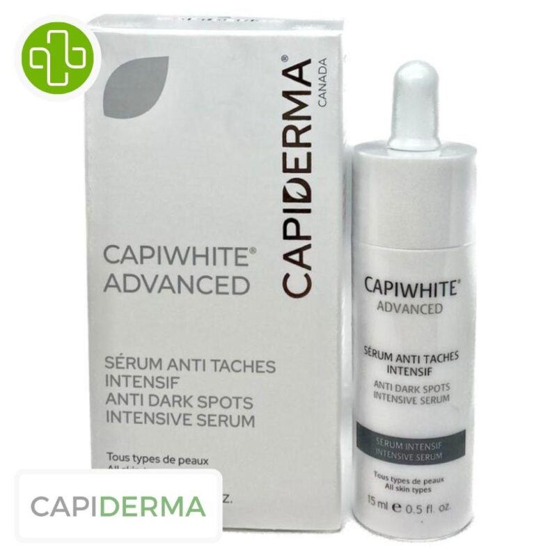 Produit de la marque capiderma capiwhite serum advanced anti-taches - 15ml sur un fond blanc avec un logo parachezvous et celui de de la marque capiderma