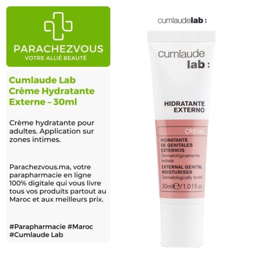 Produit de la marque Cumlaude Lab Crème Hydratante Externe - 30ml sur un fond blanc, vert et gris avec un logo Parachezvous et celui de la marque Cumlaude Lab ainsi qu'une description qui détail les informations du produit