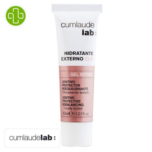 Produit de la marque Cumlaude Lab Hydratant Externe CLX Gel Intime Protecteur Réequilibrant - 30ml sur un fond blanc avec un logo Parachezvous et celui de de la marque Cumlaude Lab