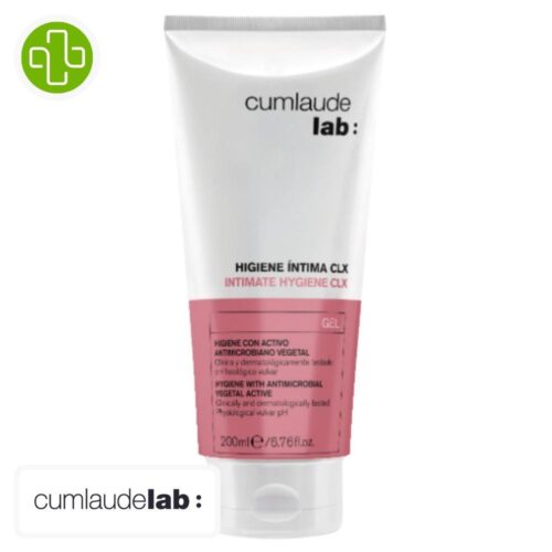 Produit de la marque Cumlaude Lab Hygiène Intime CLX Gel Actif Végétal Anti-Microbien - 200ml sur un fond blanc avec un logo Parachezvous et celui de de la marque Cumlaude Lab