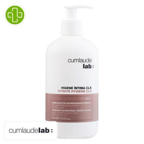Produit de la marque Cumlaude Lab Hygiène Intime CLX Gel Actif Végétal Anti-Microbien – 500ml sur un fond blanc avec un logo Parachezvous et celui de de la marque Cumlaude Lab