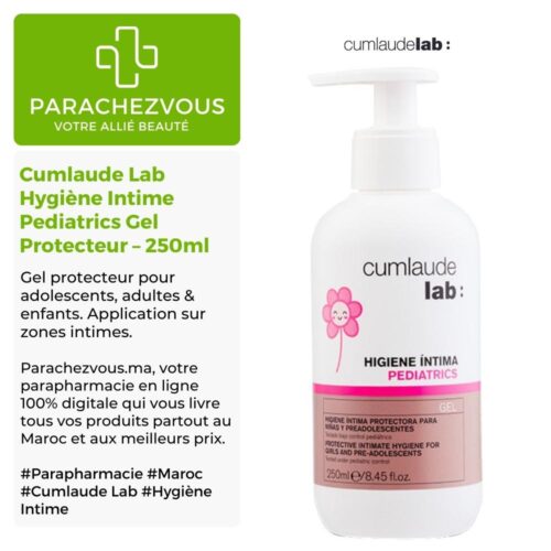 Produit de la marque Cumlaude Lab Hygiène Intime Pediatrics Gel Protecteur - 250ml sur un fond blanc, vert et gris avec un logo Parachezvous et celui de la marque Cumlaude Lab ainsi qu'une description qui détail les informations du produit