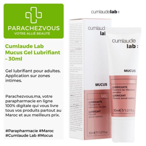 Produit de la marque Cumlaude Lab Mucus Gel Lubrifiant - 30ml sur un fond blanc, vert et gris avec un logo Parachezvous et celui de la marque Cumlaude Lab ainsi qu'une description qui détail les informations du produit