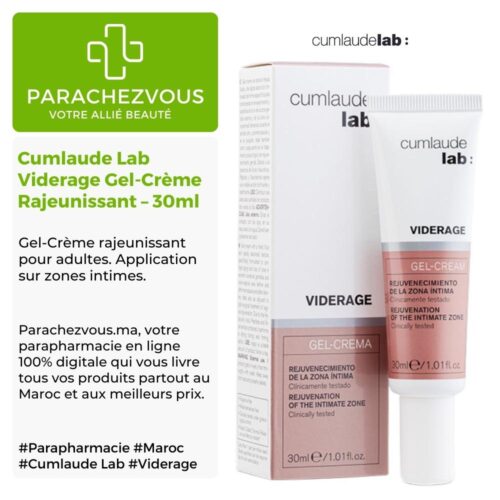 Produit de la marque Cumlaude Lab Viderage Gel-Crème Rajeunissant - 30ml sur un fond blanc, vert et gris avec un logo Parachezvous et celui de la marque Cumlaude Lab ainsi qu'une description qui détail les informations du produit