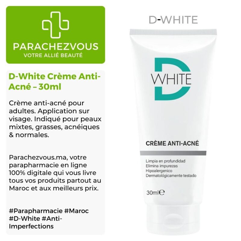 Produit de la marque d-white crème anti-acné - 30ml sur un fond blanc, vert et gris avec un logo parachezvous et celui de la marque d-white ainsi qu'une description qui détail les informations du produit