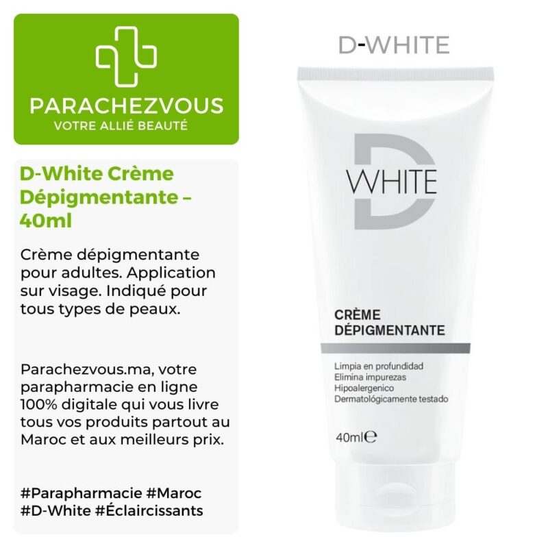 Produit de la marque d-white crème dépigmentante - 40ml sur un fond blanc, vert et gris avec un logo parachezvous et celui de la marque d-white ainsi qu'une description qui détail les informations du produit