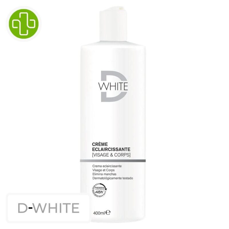 Produit de la marque d-white crème éclaircissante visage & corps - 400ml sur un fond blanc avec un logo parachezvous et celui de de la marque d-white