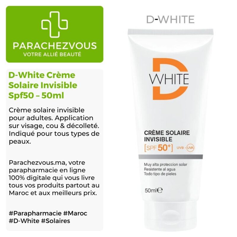 Produit de la marque d-white crème solaire invisible spf50 - 50ml sur un fond blanc, vert et gris avec un logo parachezvous et celui de la marque d-white ainsi qu'une description qui détail les informations du produit