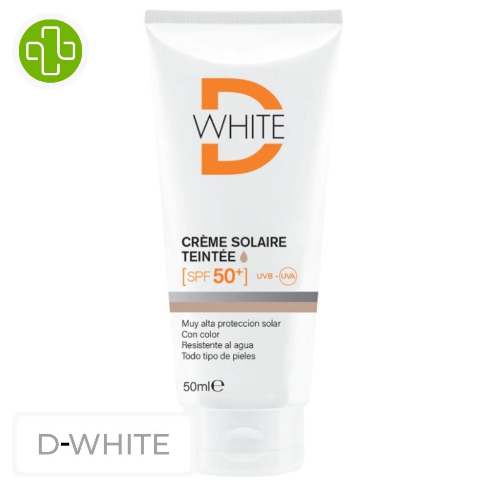 Produit de la marque d-white crème solaire teintée spf50 - 50ml sur un fond blanc avec un logo parachezvous et celui de de la marque d-white