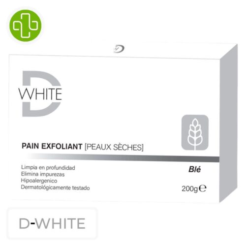 Produit de la marque d-white savon pain exfoliant peaux sèches - 200g sur un fond blanc avec un logo parachezvous et celui de de la marque d-white