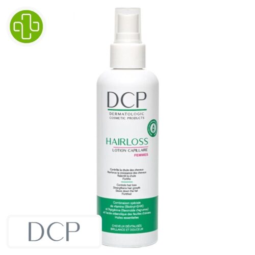 Produit de la marque DCP Hairloss Lotion Capillaire Anti-Chute Femmes – 200ml sur un fond blanc avec un logo Parachezvous et celui de de la marque DCP