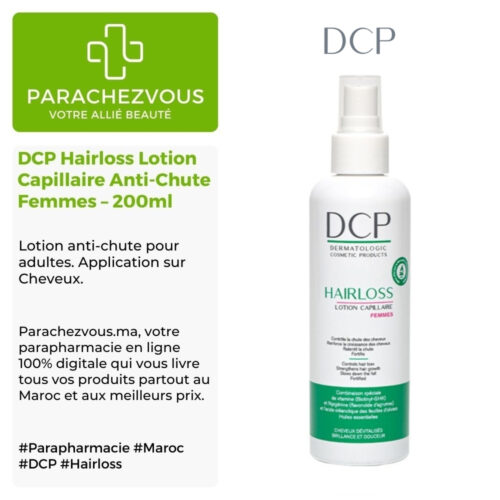 Produit de la marque DCP Hairloss Lotion Capillaire Anti-Chute Femmes – 200ml sur un fond blanc, vert et gris avec un logo Parachezvous et celui de la marque DCP ainsi qu'une description qui détail les informations du produit