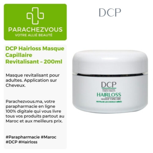 Produit de la marque DCP Hairloss Masque Capillaire Revitalisant - 200ml sur un fond blanc, vert et gris avec un logo Parachezvous et celui de la marque DCP ainsi qu'une description qui détail les informations du produit