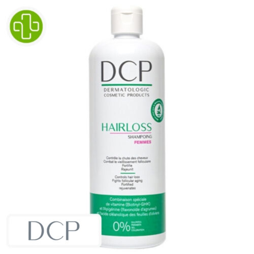 Produit de la marque DCP Hairloss Shampooing Anti-Chute Femmes - 500ml sur un fond blanc avec un logo Parachezvous et celui de de la marque DCP