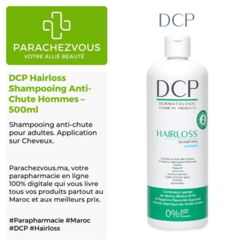 Produit de la marque DCP Hairloss Shampooing Anti-Chute Hommes - 500ml sur un fond blanc, vert et gris avec un logo Parachezvous et celui de la marque DCP ainsi qu'une description qui détail les informations du produit