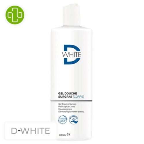 Produit de la marque D-White Gel-Douche Surgras Corps - 400ml sur un fond blanc avec un logo Parachezvous et celui de de la marque D-White