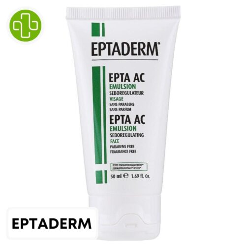 Produit de la marque Eptaderm Epta AC Émulsion Sébo-Régulatrice - 50ml sur un fond blanc avec un logo Parachezvous et celui de de la marque Eptaderm