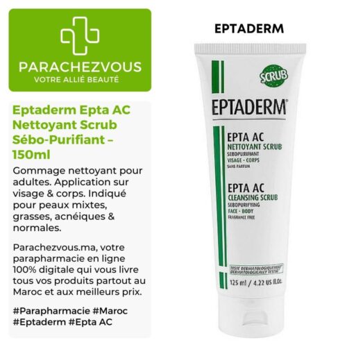 Produit de la marque Eptaderm Epta AC Nettoyant Scrub Sébo-Purifiant - 150ml sur un fond blanc, vert et gris avec un logo Parachezvous et celui de la marque Eptaderm ainsi qu'une description qui détail les informations du produit