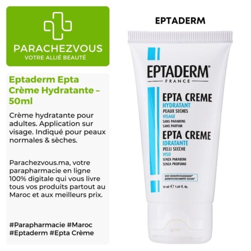 Produit de la marque Eptaderm Epta Crème Hydratante - 50ml sur un fond blanc, vert et gris avec un logo Parachezvous et celui de la marque Eptaderm ainsi qu'une description qui détail les informations du produit