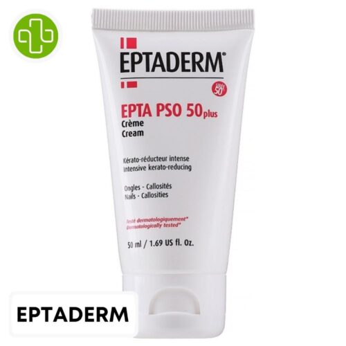 Produit de la marque Eptaderm Epta PSO 50 Plus Crème Kérato-Réductrice Intense - 40ml sur un fond blanc avec un logo Parachezvous et celui de de la marque Eptaderm