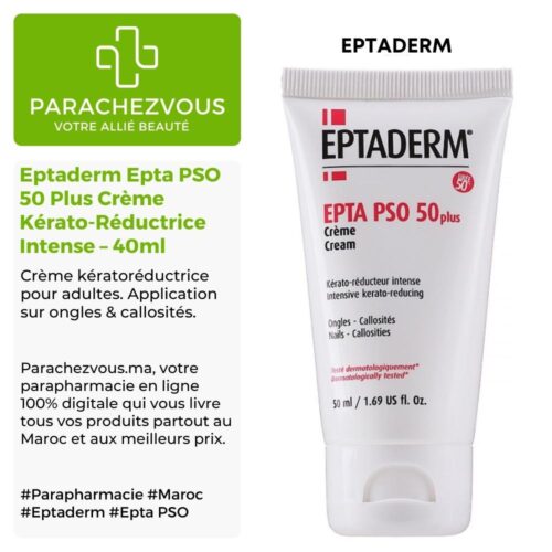 Produit de la marque Eptaderm Epta PSO 50 Plus Crème Kérato-Réductrice Intense - 40ml sur un fond blanc, vert et gris avec un logo Parachezvous et celui de la marque Eptaderm ainsi qu'une description qui détail les informations du produit