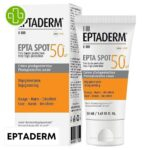 Produit de la marque Eptaderm Epta Spot Crème Solaire Dépigmentante Spf50 - 50ml sur un fond blanc avec un logo Parachezvous et celui de de la marque Eptaderm