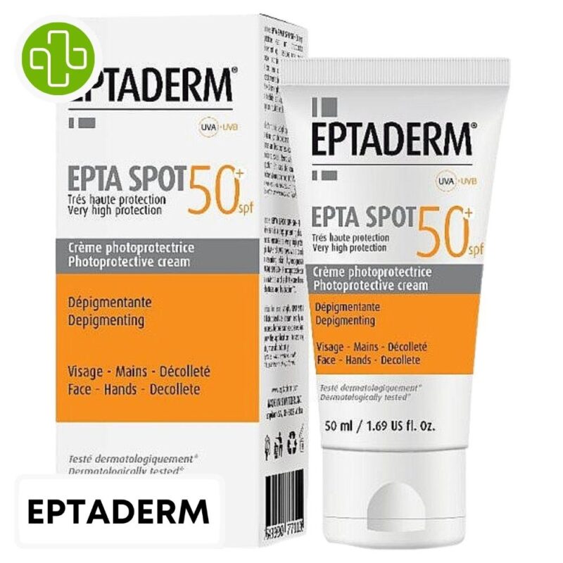 Produit de la marque eptaderm epta spot crème solaire dépigmentante spf50 - 50ml sur un fond blanc avec un logo parachezvous et celui de de la marque eptaderm