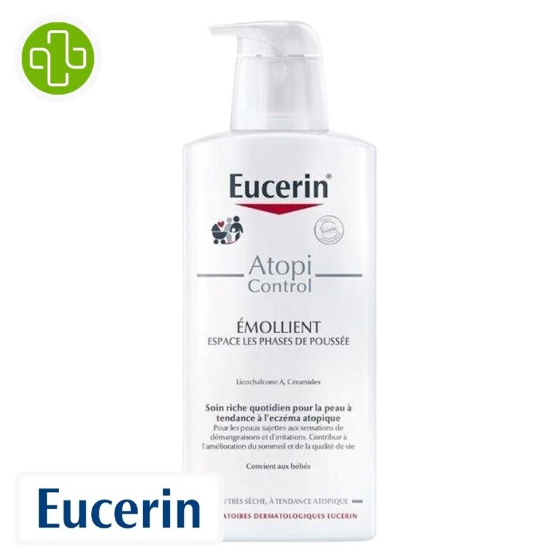Produit de la marque eucerin atopicontrol émollient corps - 250ml sur un fond blanc avec un logo parachezvous et celui de de la marque eucerin