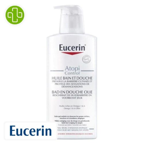 Produit de la marque Eucerin AtopiControl Huile Bain & Douche - 400ml sur un fond blanc avec un logo Parachezvous et celui de de la marque Eucerin