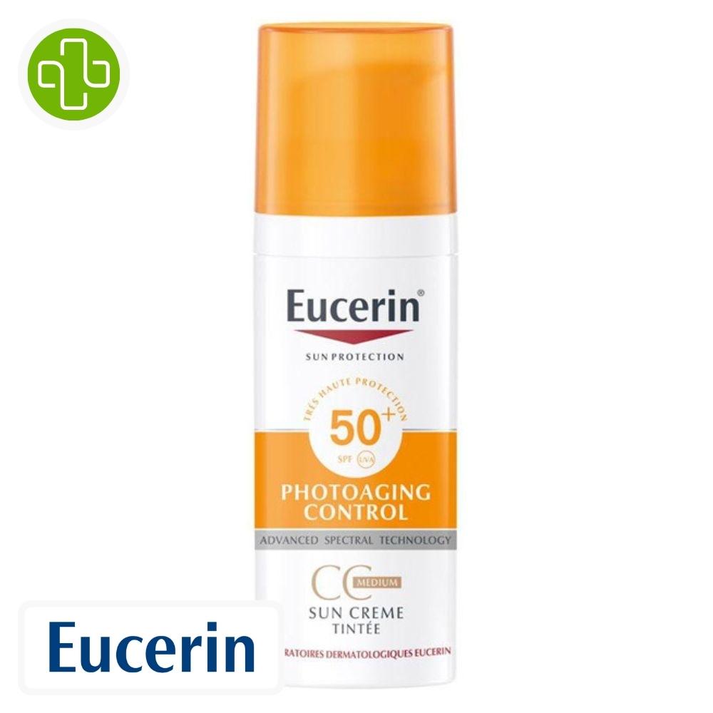 Produit de la marque eucerin sun protection photoaging control cc gel-crème solaire teinté anti-âge spf50 - 50ml sur un fond blanc avec un logo parachezvous et celui de de la marque eucerin