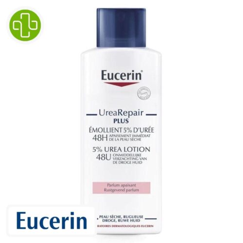 Produit de la marque Eucerin UreaRepair Émollient 5% d'Urée Parfumé - 250ml sur un fond blanc avec un logo Parachezvous et celui de de la marque Eucerin