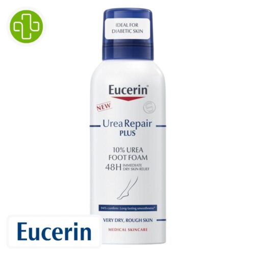 Produit de la marque Eucerin UreaRepair Mousse Hydratante Pieds 48h 10% d'Uréee - 150ml sur un fond blanc avec un logo Parachezvous et celui de de la marque Eucerin