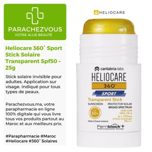 Produit de la marque Heliocare 360° Sport Stick Solaire Transparent Spf50 - 25g sur un fond blanc, vert et gris avec un logo Parachezvous et celui de la marque Heliocare ainsi qu'une description qui détail les informations du produit