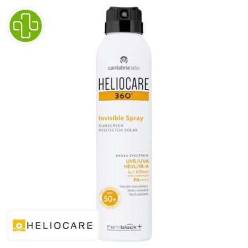 Produit de la marque Heliocare 360° Spray Solaire Invisible Spf50 - 200ml sur un fond blanc avec un logo Parachezvous et celui de de la marque Heliocare