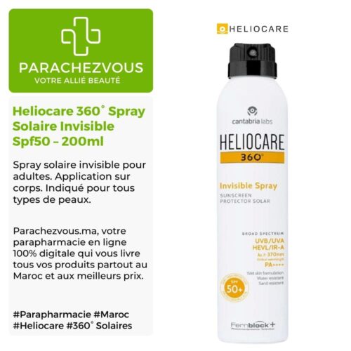 Produit de la marque Heliocare 360° Spray Solaire Invisible Spf50 - 200ml sur un fond blanc, vert et gris avec un logo Parachezvous et celui de la marque Heliocare ainsi qu'une description qui détail les informations du produit