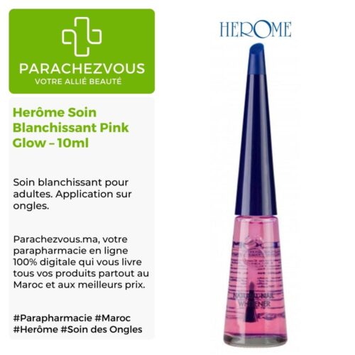Produit de la marque Herôme Soin Blanchissant Pink Glow - 10ml sur un fond blanc, vert et gris avec un logo Parachezvous et celui de la marque Herôme ainsi qu'une description qui détail les informations du produit
