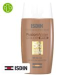 Produit de la marque Isdin Fotoprotector Fusion Water Color Bronze Solaire Toucher Sec Teinté Spf50 - 50ml sur un fond blanc avec un logo Parachezvous et celui de la marque ISDIN