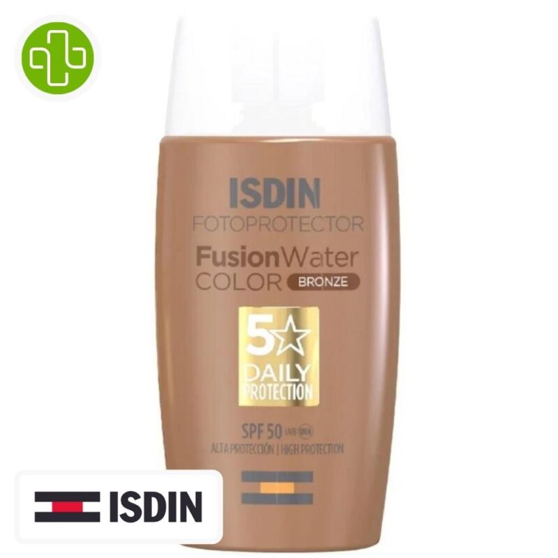 Produit de la marque isdin fotoprotector fusion water color bronze solaire toucher sec teinté spf50 - 50ml sur un fond blanc avec un logo parachezvous et celui de la marque isdin