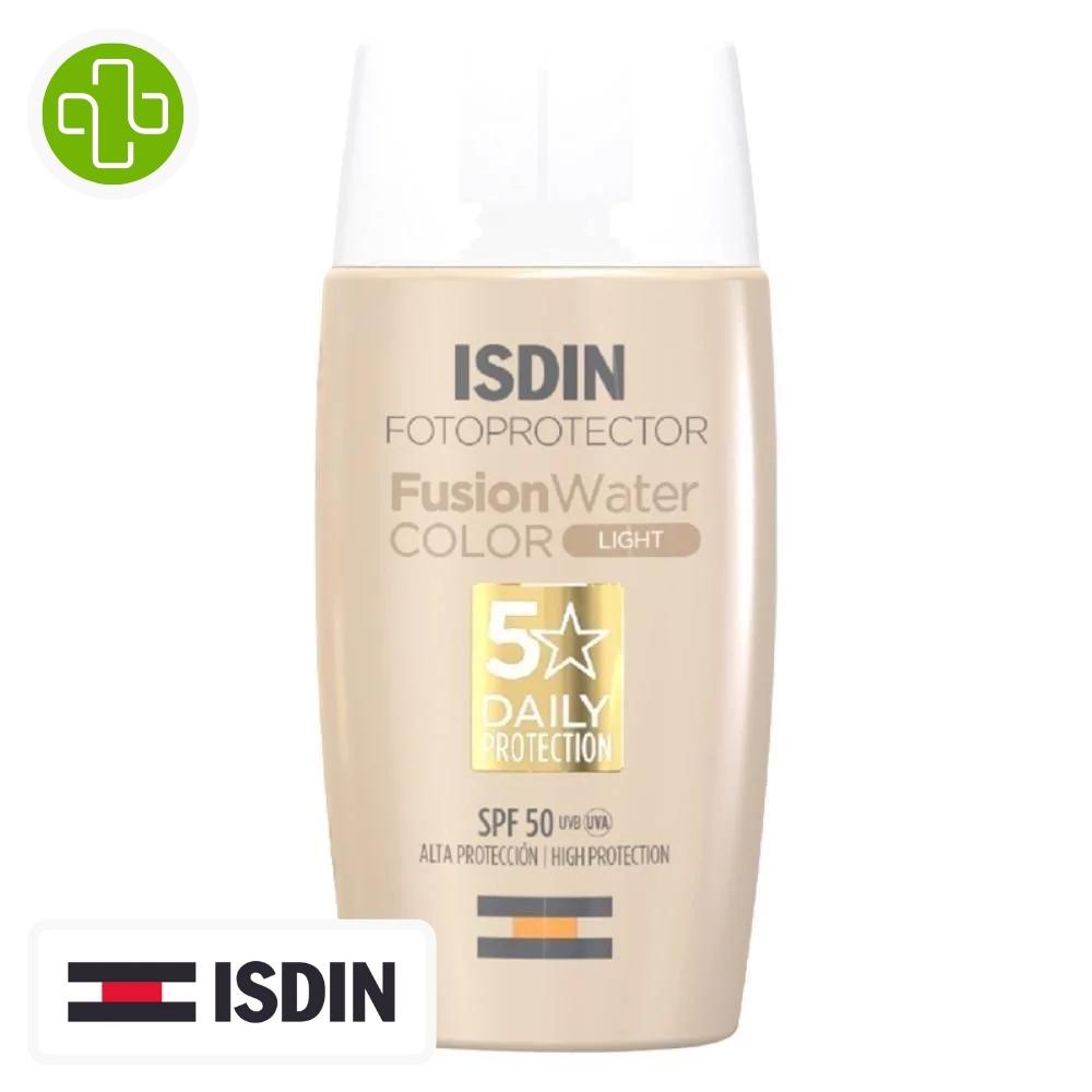 Produit de la marque isdin fotoprotector fusion water color light solaire toucher sec teinté spf50 - 50ml sur un fond blanc avec un logo parachezvous et celui de la marque isdin