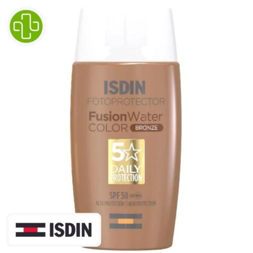 Produit de la marque Isdin Fotoprotector Fusion Water Color Bronze Solaire Toucher Sec Teinté Spf50 - 50ml sur un fond blanc avec un logo Parachezvous et celui de la marque ISDIN